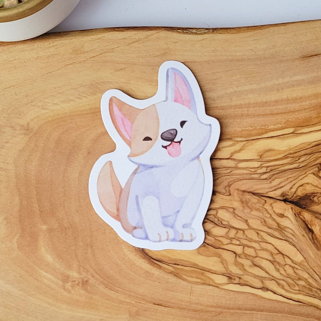A watercolor style dog smiling with it's tongue sticking out