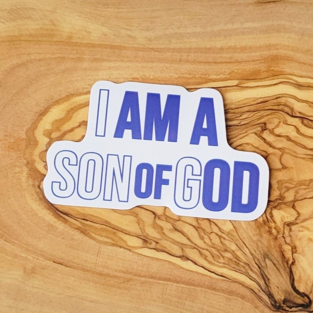 Sticker with "I am a son of God", in blue and white letters