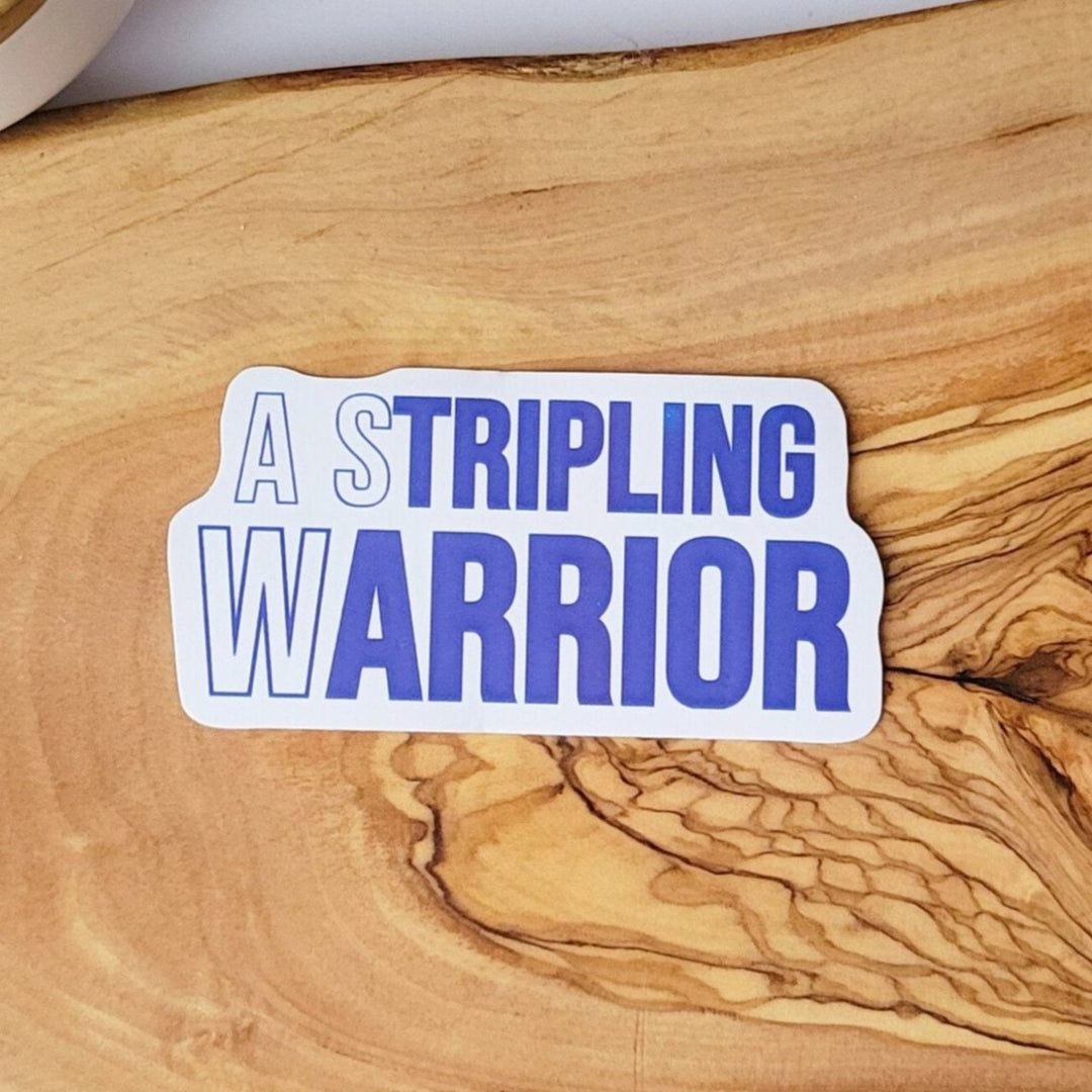A sticker with the words A Stripling Warrior in a mix of white and blue block letters