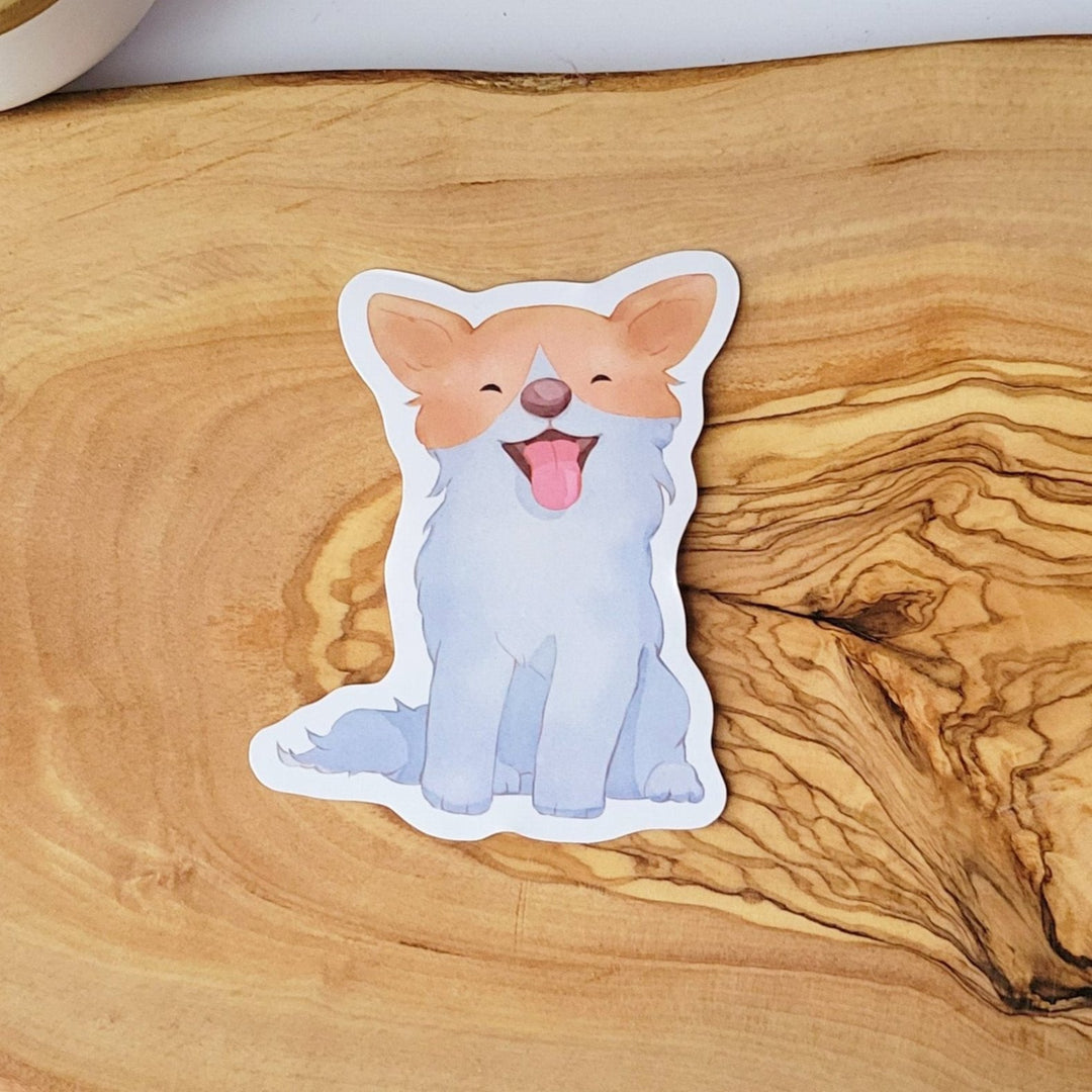 A watercolor style image of a white dog with tan patches over eyes and ears, sitting, with a happy face.