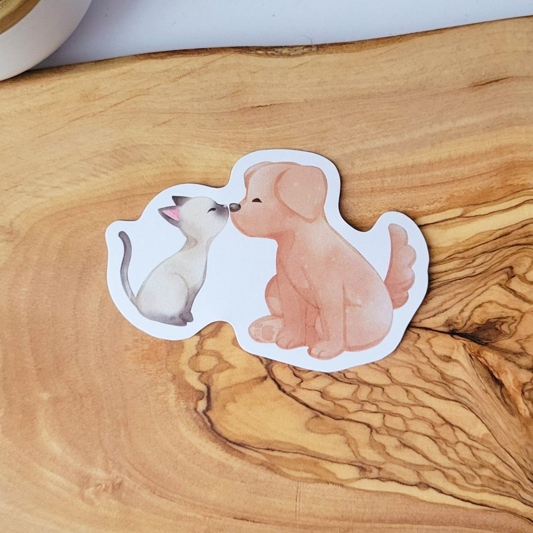 a cute watercolor style image of a white cat touching noses with a brown dog