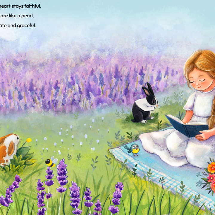 Girl reading a book, with a black and white bunny and a brown and white bunny, with purple lavender in the background