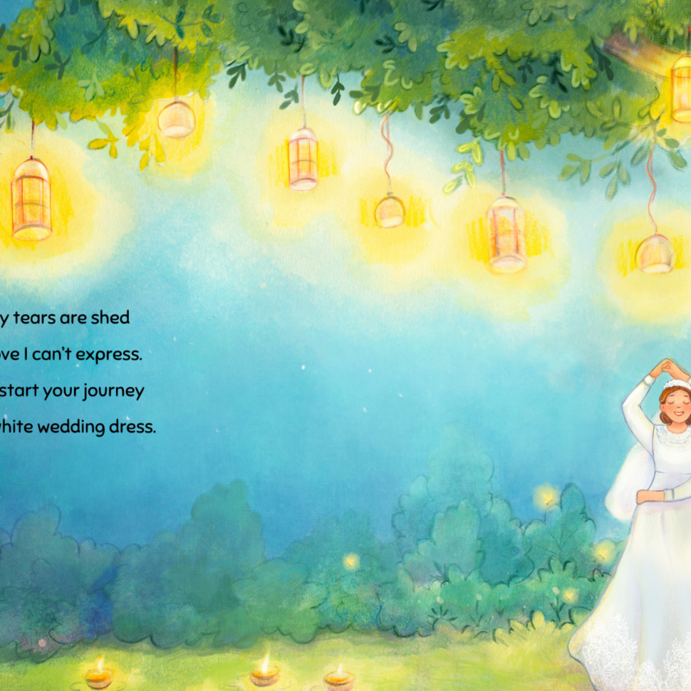 night time scene with yellow glowing lanterns in a tree, and a girl in a wedding dress dancing