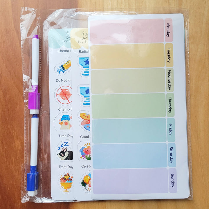 Color chart and markers on a wooden surface with a floral-patterned fabric in the background.
